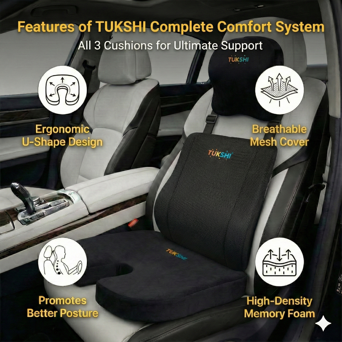 Tukshi Ultimate Car Comfort Combo | Neck Rest, Backrest & Wedge Seat Cushion | Black