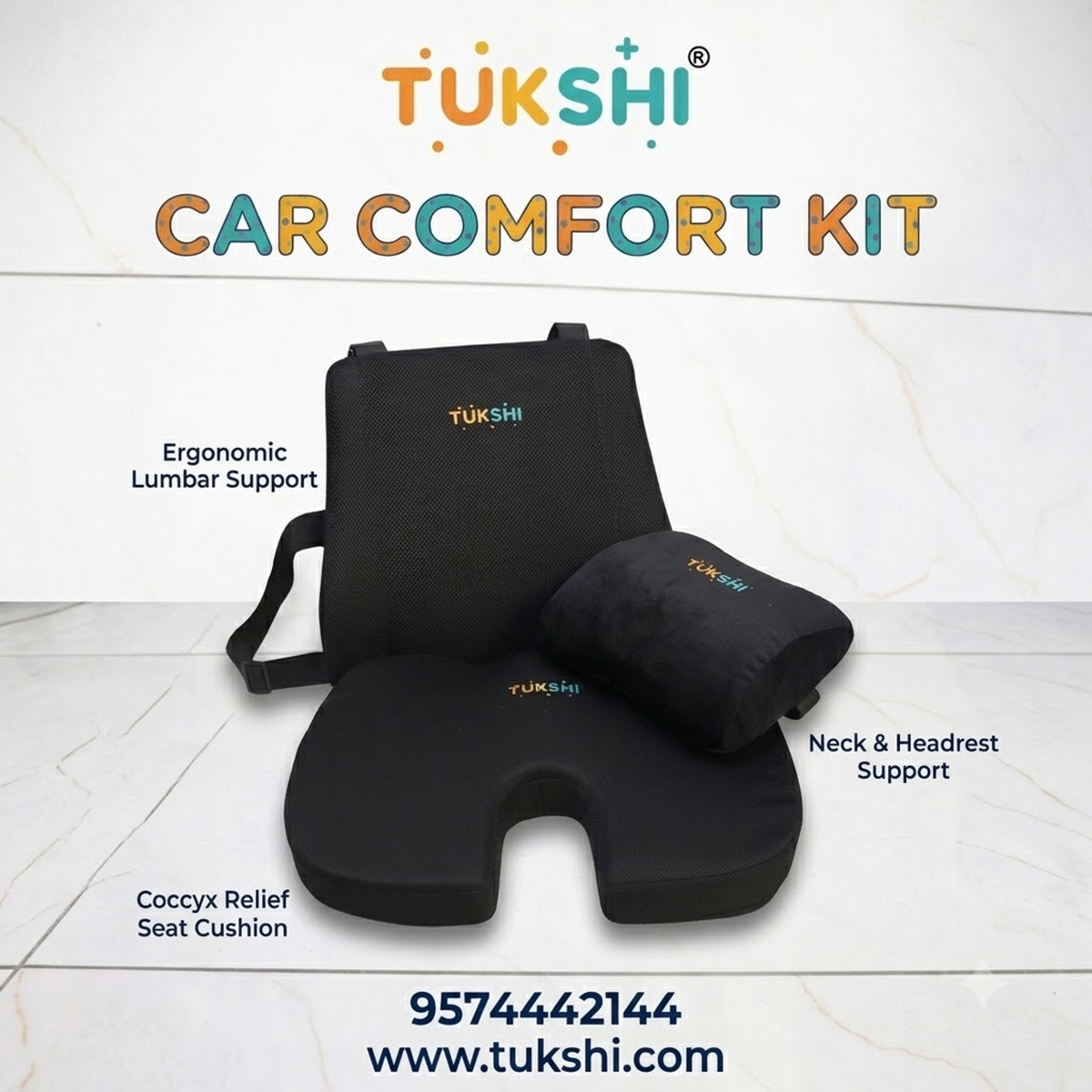 Tukshi Ultimate Car Comfort Combo | Neck Rest, Backrest & Wedge Seat Cushion | Black