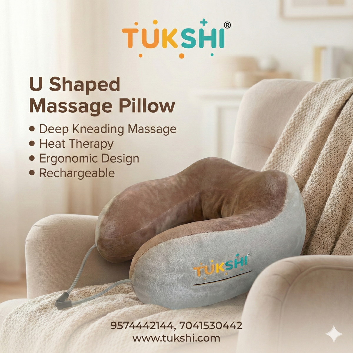 Tukshi Rechargeable U-Shaped Travel Neck Massage Pillow