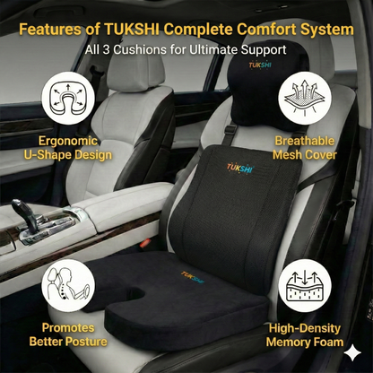 Tukshi Ultimate Car Comfort Combo | Neck Rest, Backrest & Wedge Seat Cushion | Black