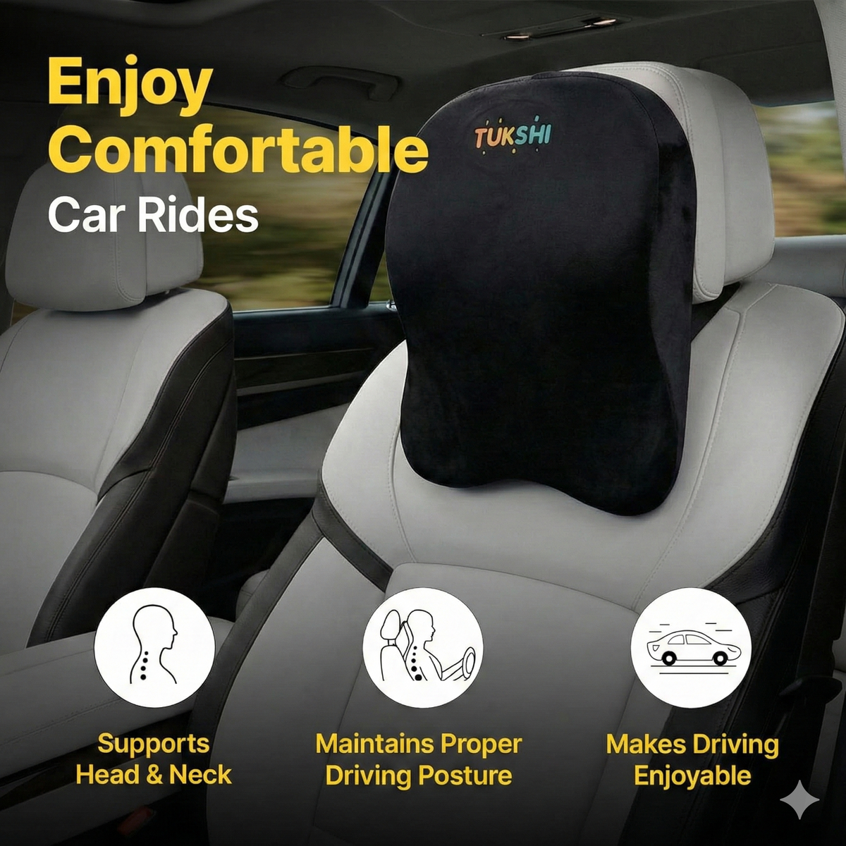 Tukshi Ultimate Car Neck Rest Pillow | Ultrasoft Pillow  | Black