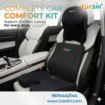 Tukshi Ultimate Car Comfort Combo | Neck Rest, Backrest & Wedge Seat Cushion | Black
