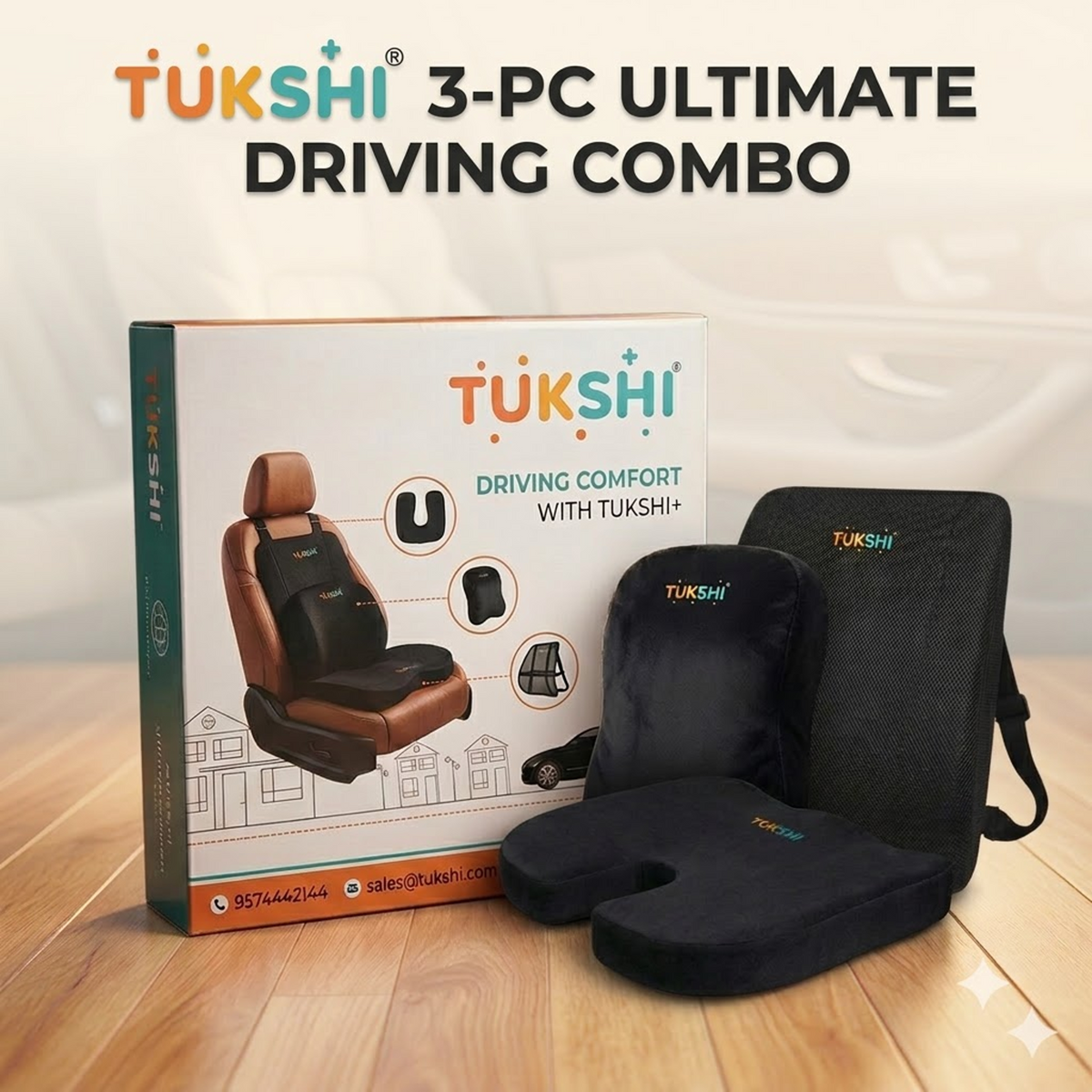 Tukshi Ultimate Car Comfort Combo | Neck Rest, Backrest & Wedge Seat Cushion | Black